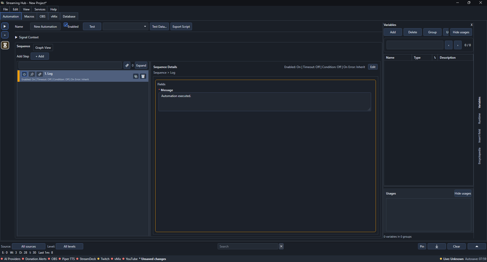 A new Streaming Hub project with the default Timer Tick automation and Log action