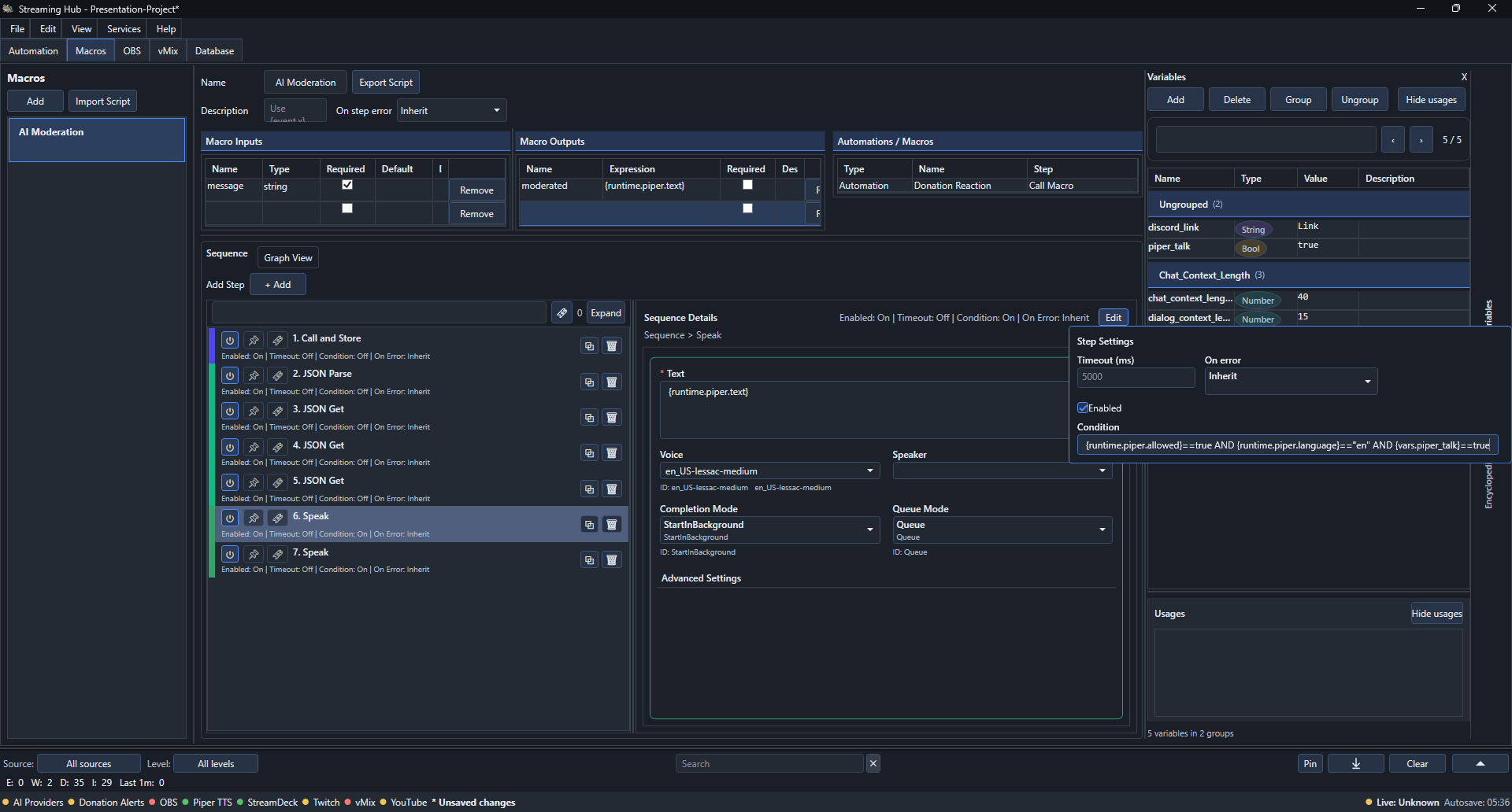 The completed AI Moderation macro with its input, output, JSON actions, and two conditional Piper voices