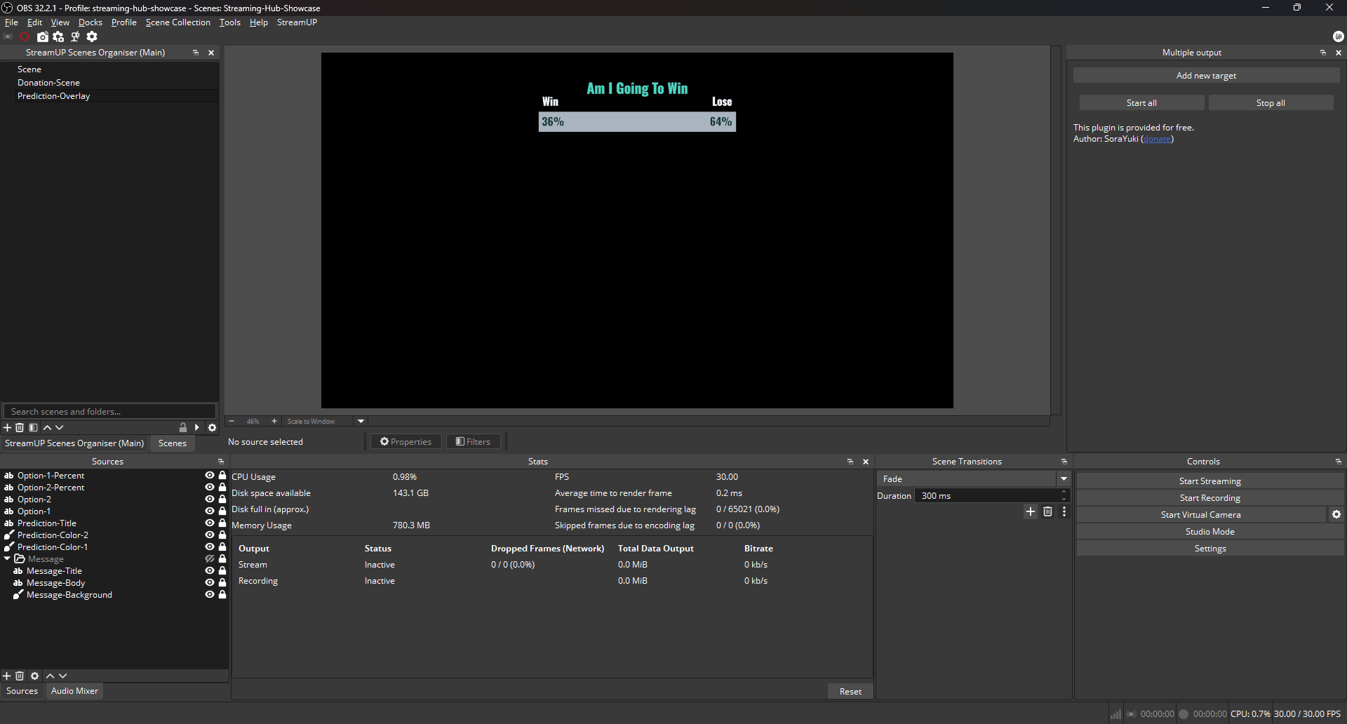 The completed prediction overlay scene and its sources in OBS