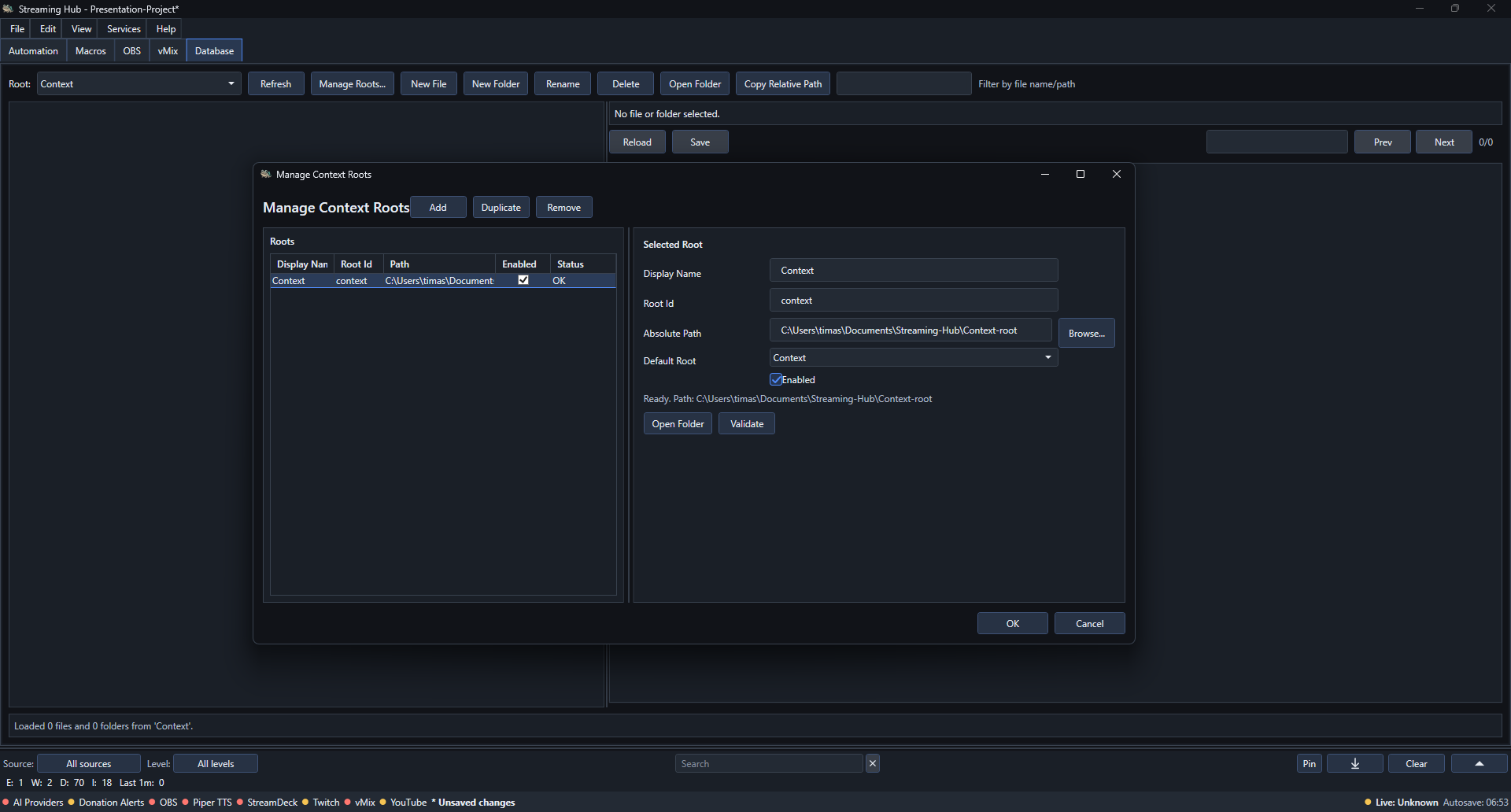 The Database tab showing a configured Context Root