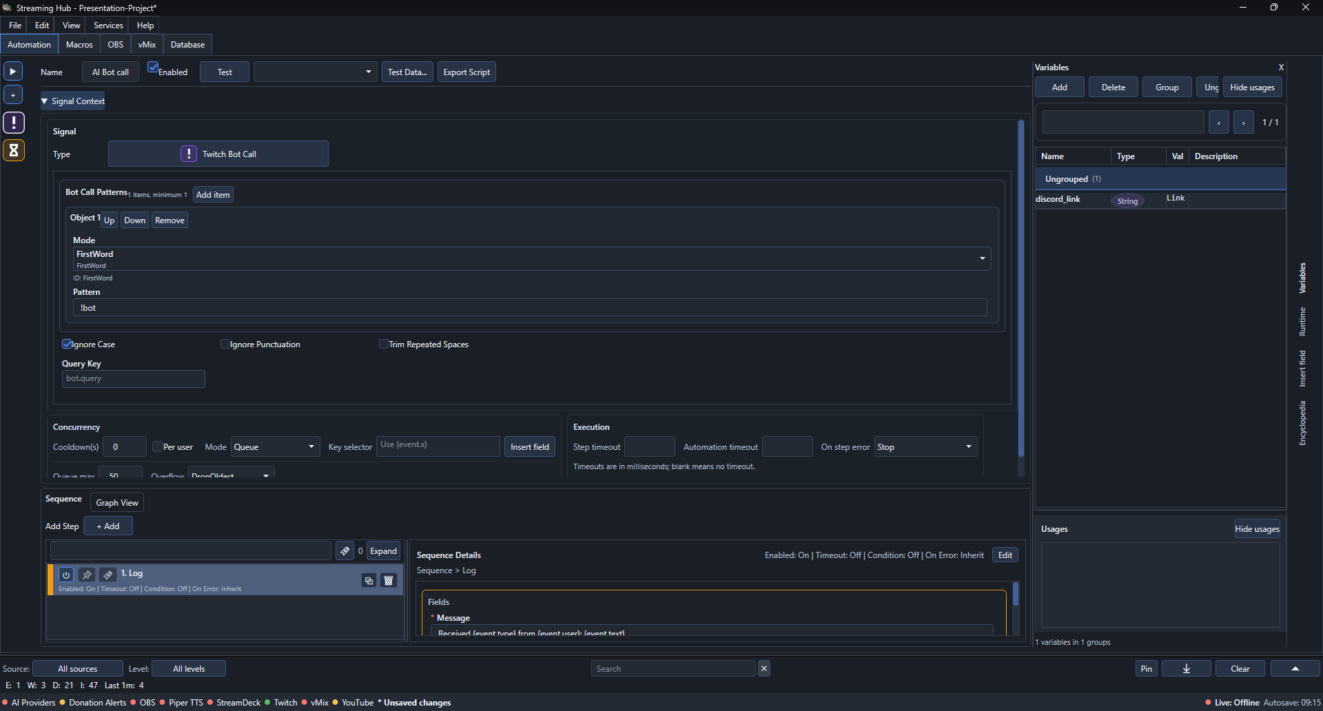 Twitch Bot Call configured to match the first word !bot without case sensitivity