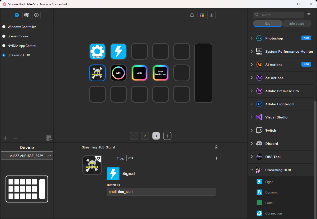 Four StreamDock buttons for starting, winning, losing, and locking a prediction
