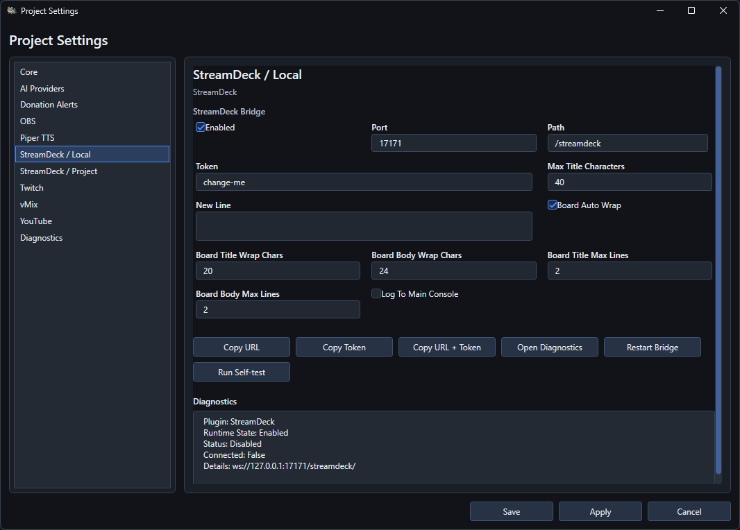 The StreamDeck Local service settings with the bridge URL and token controls