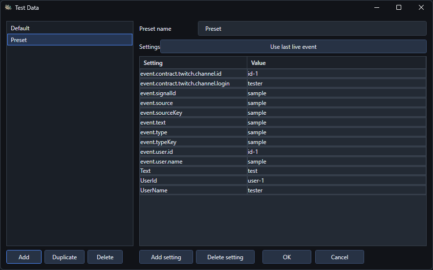 Test Data window