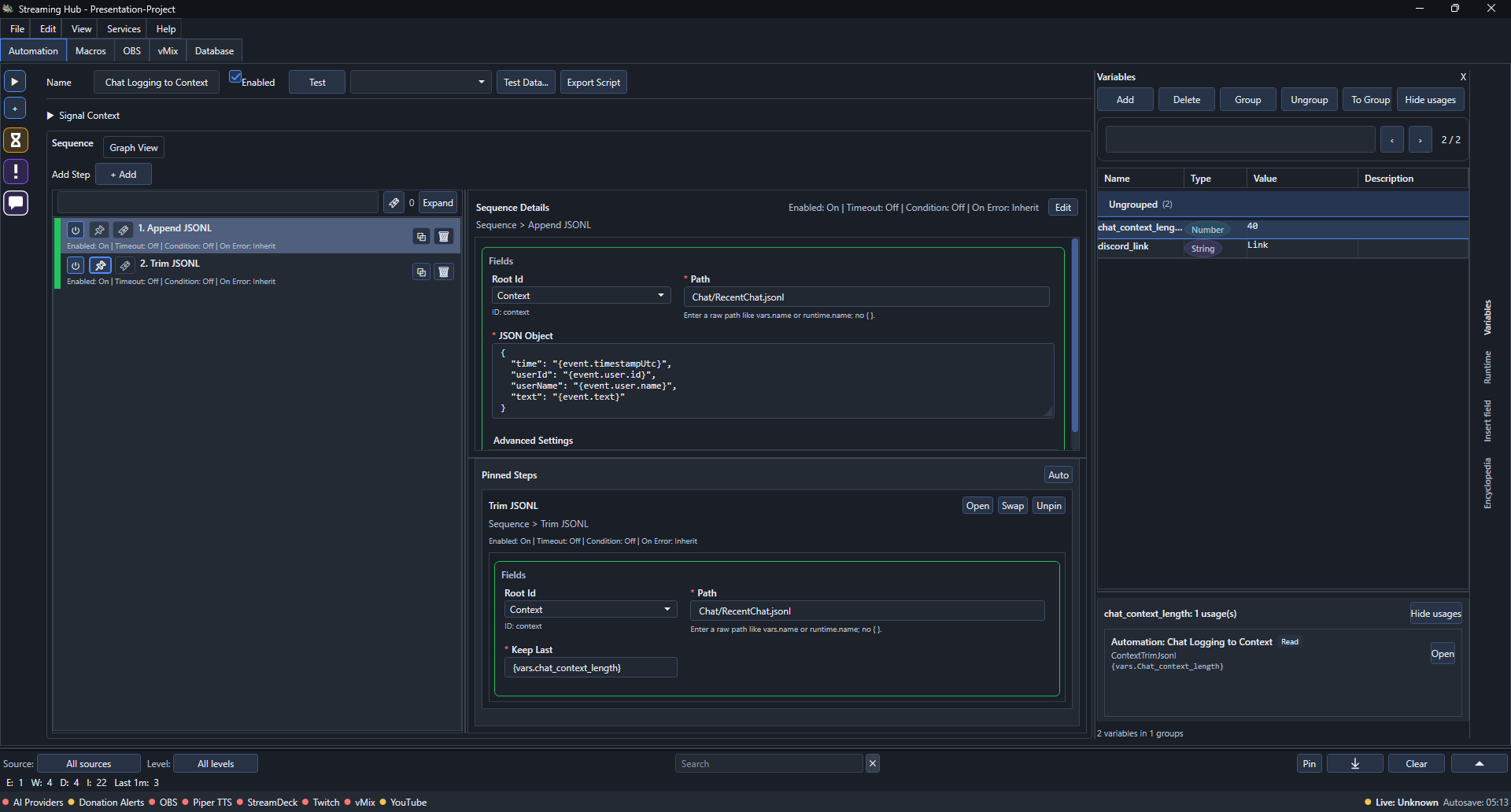 Append JSONL and Trim JSONL configured for the shared recent-chat file