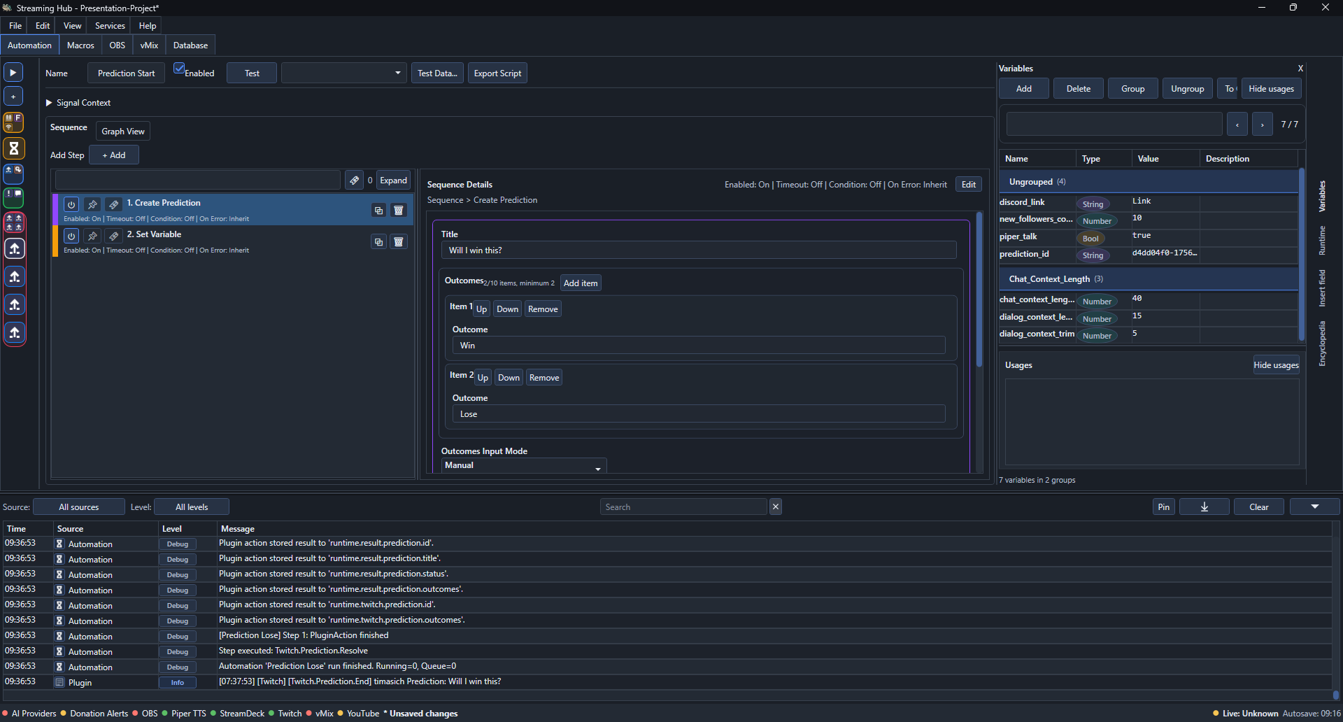 Create Prediction configured with the Win and Lose outcomes in Manual mode