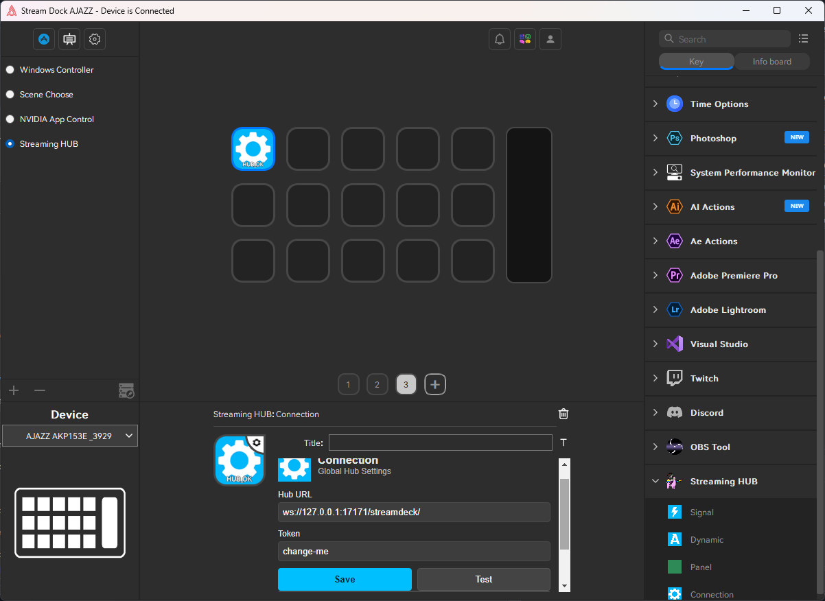 The Ajazz StreamDock application configuring a Streaming Hub Connection button