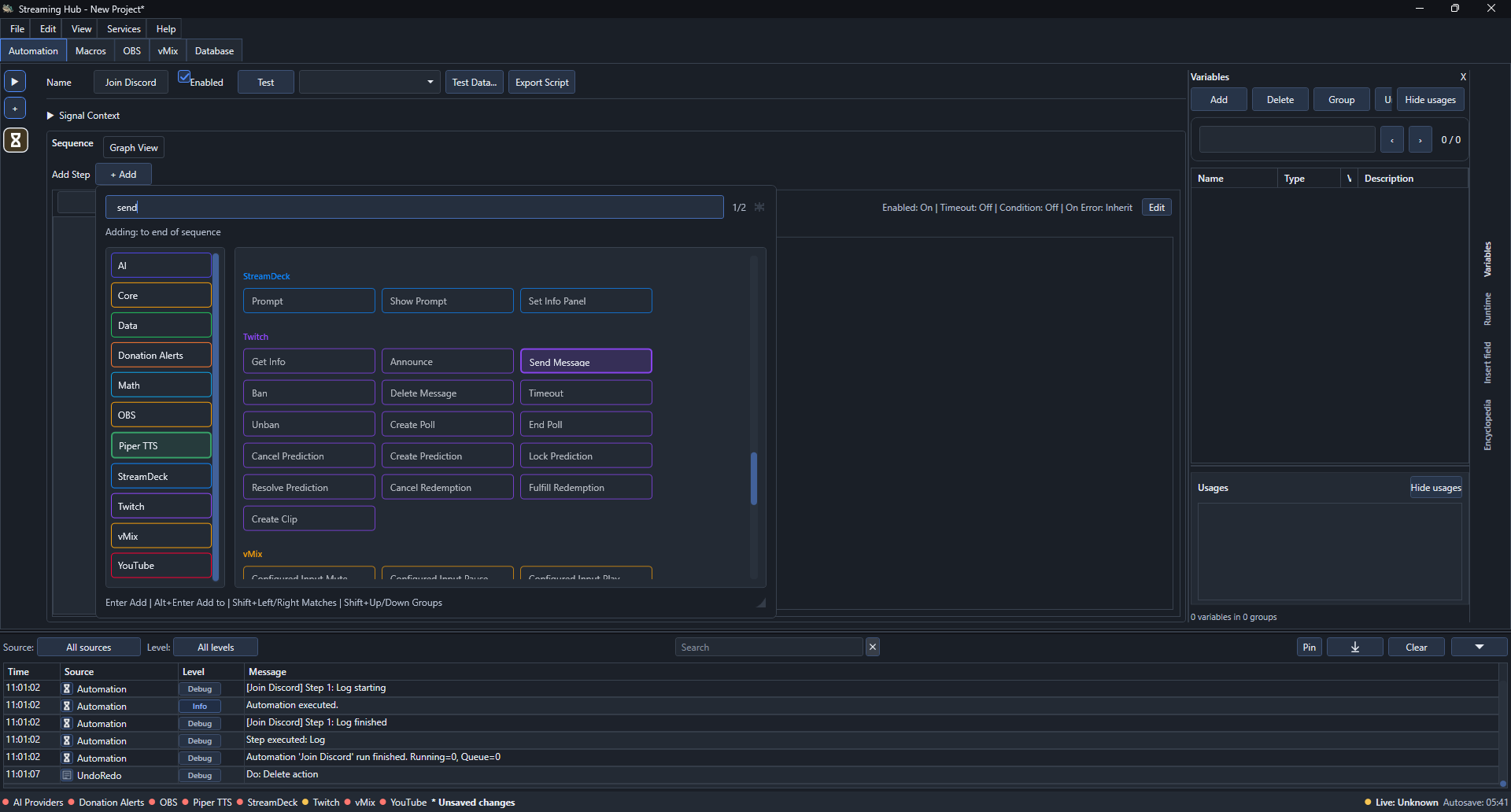 The action picker showing Send Message in the Twitch category