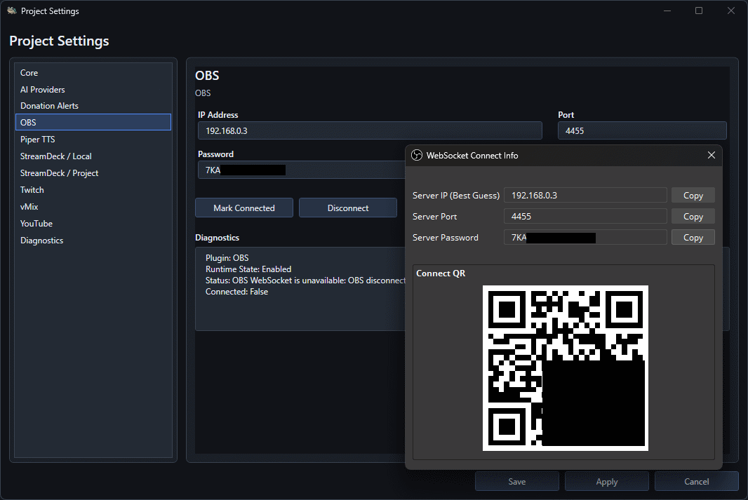 OBS WebSocket connection information beside the Streaming Hub OBS service settings