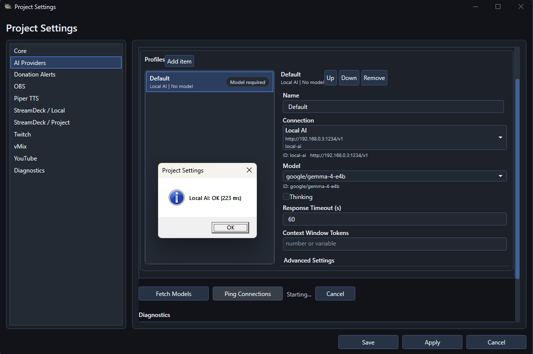 The Default profile using a local Gemma model with a successful ping