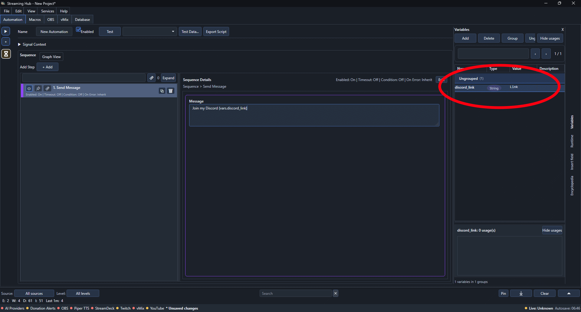 The Send Message action using the discord_link project variable