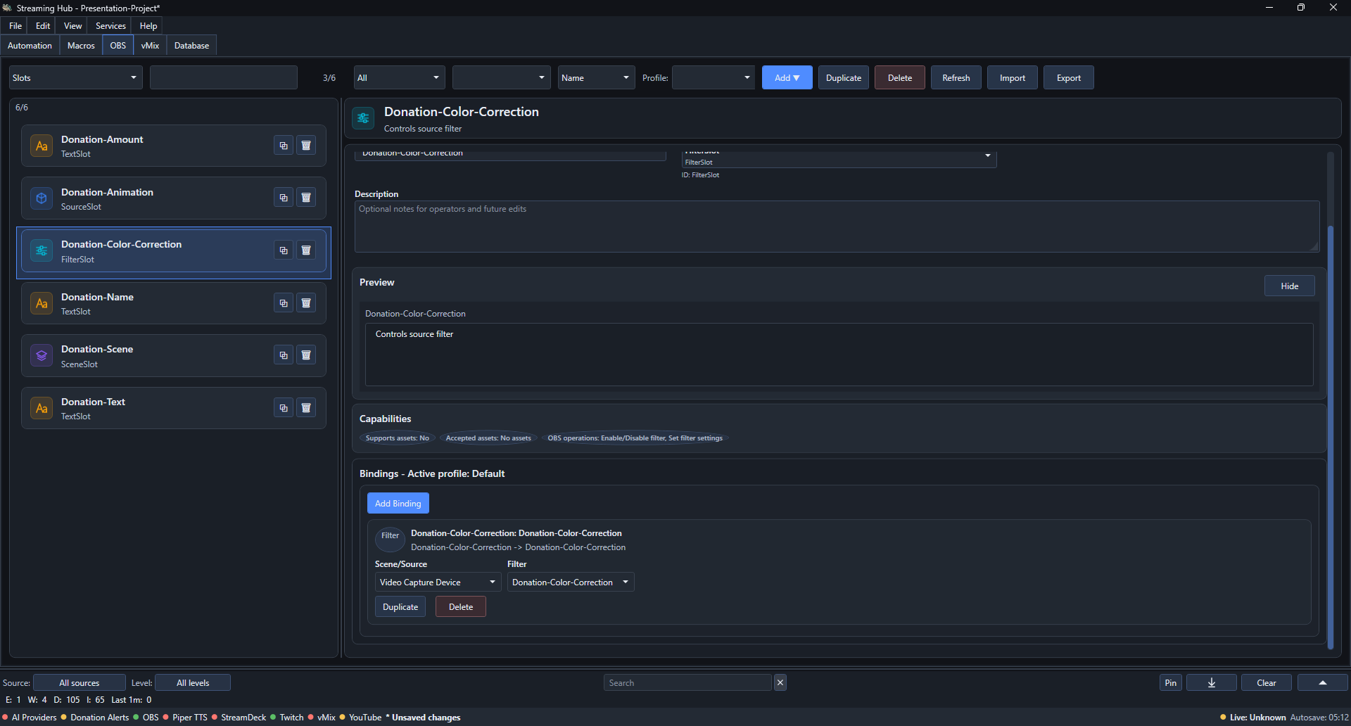 OBS Slots bound to the matching scenes, sources, text sources, and filter