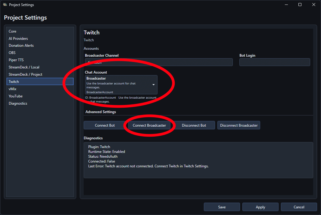Twitch settings with Broadcaster selected as the chat account