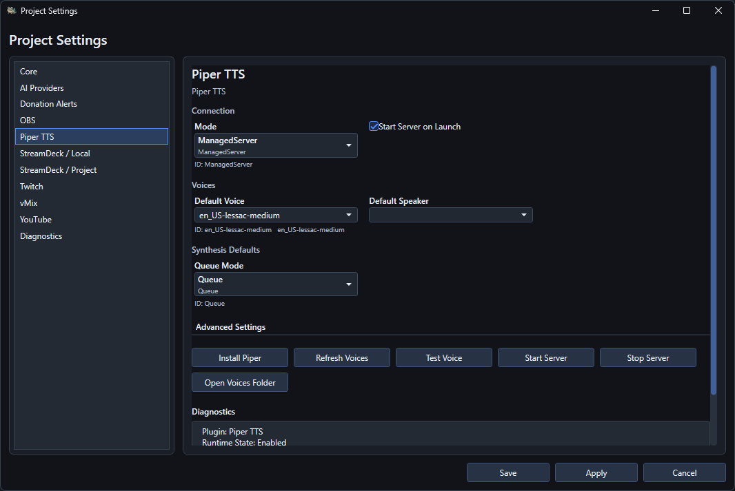 Piper TTS service settings after the local package has been installed