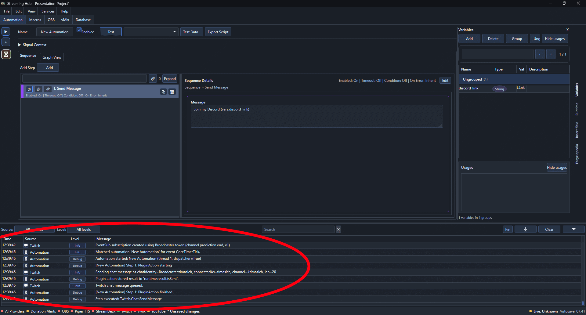Streaming Hub logs for a successful Twitch Send Message action