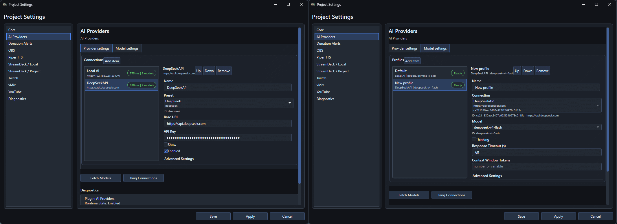 A DeepSeek API connection and a separate profile for its hosted model
