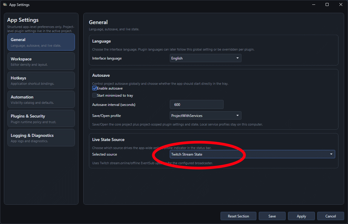 Twitch Stream State selected as the app live state source