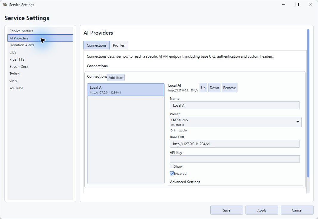 AI Providers connection form with a loopback LM Studio endpoint and an empty API-key field.