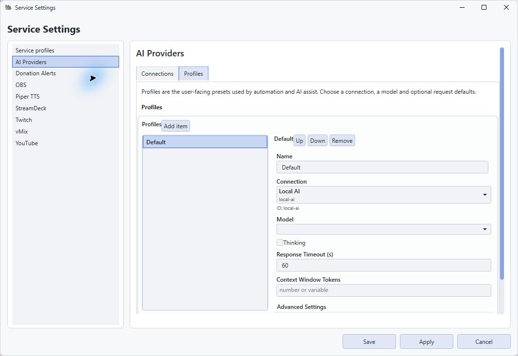 AI model-profile form referencing the Local AI connection with no model selected yet.
