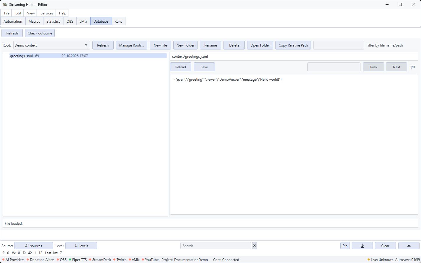 Database workspace showing an allowed Demo context root and a synthetic greetings.jsonl record.