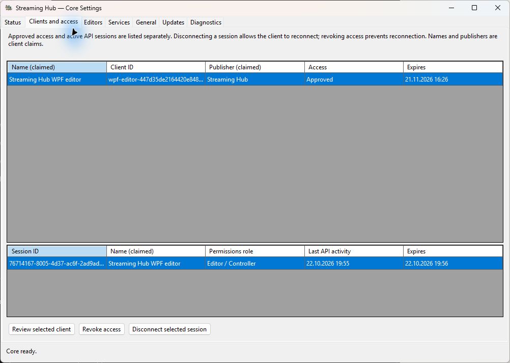 Core Settings Clients and access showing the approved demonstration Editor above its active Editor / Controller session.
