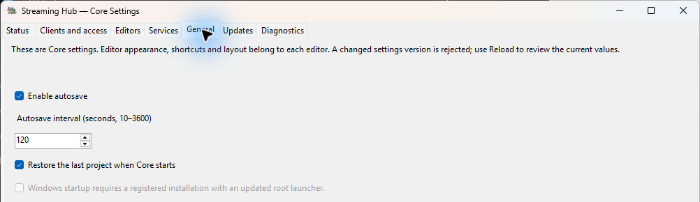 Core Settings General showing enabled autosave at a 120-second interval, last-project restoration and unavailable Windows startup.