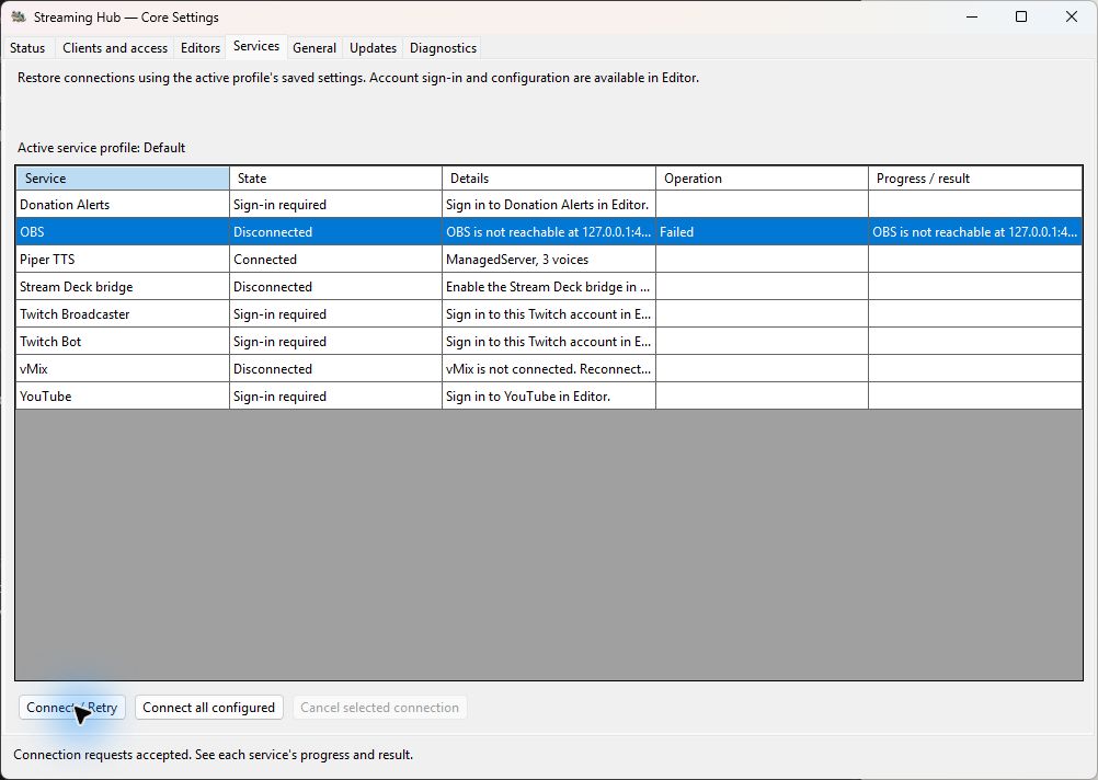 Core Settings Services showing the Default local profile, per-service connection states and reconnect controls.