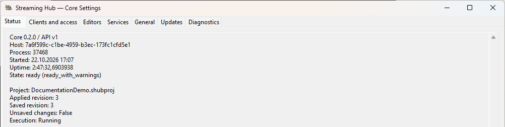 Core Settings Status showing the demonstration project, matching applied and saved revisions, and running execution.