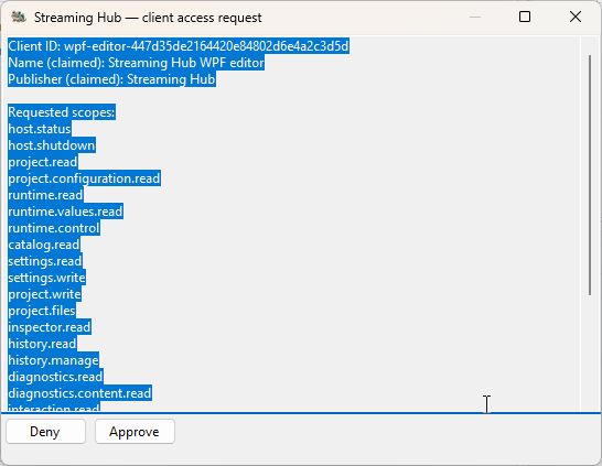 Core's English client-access request showing the Editor's claimed identity and requested scopes.