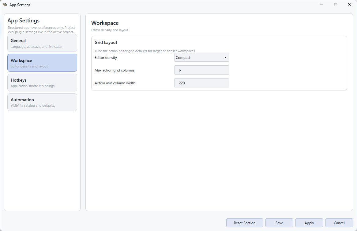 The Editor's Workspace settings with density, maximum grid columns and minimum column width.