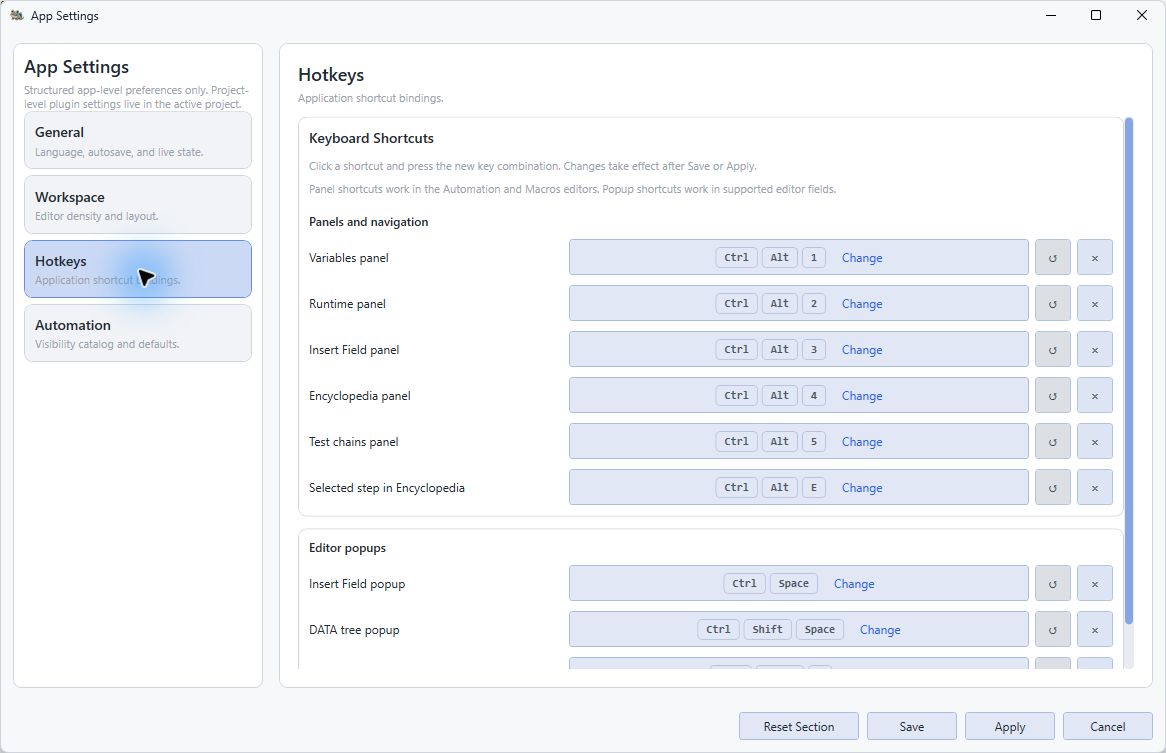 English Hotkeys settings showing the default Editor panel and popup shortcuts.