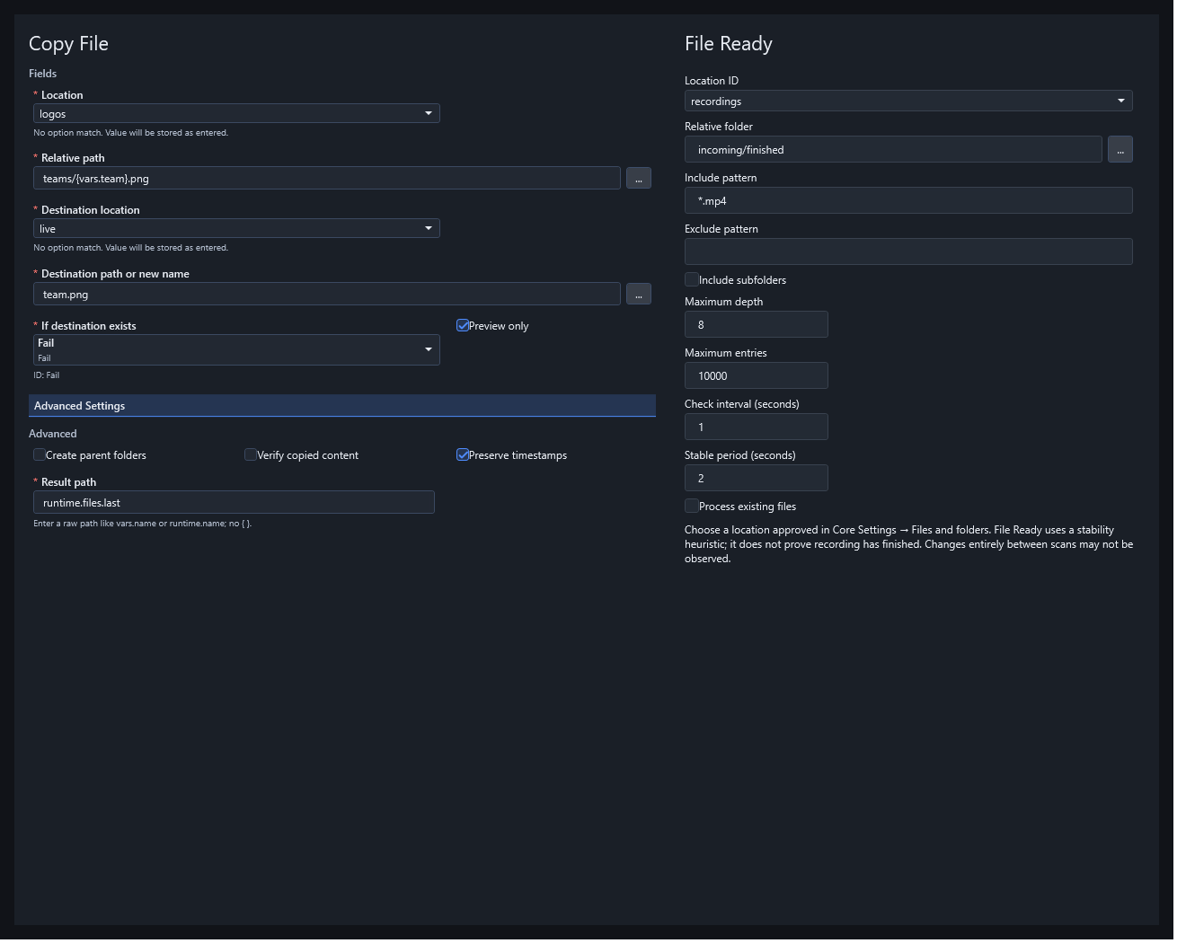 English Copy File and File Ready forms using demonstration IDs and relative paths.