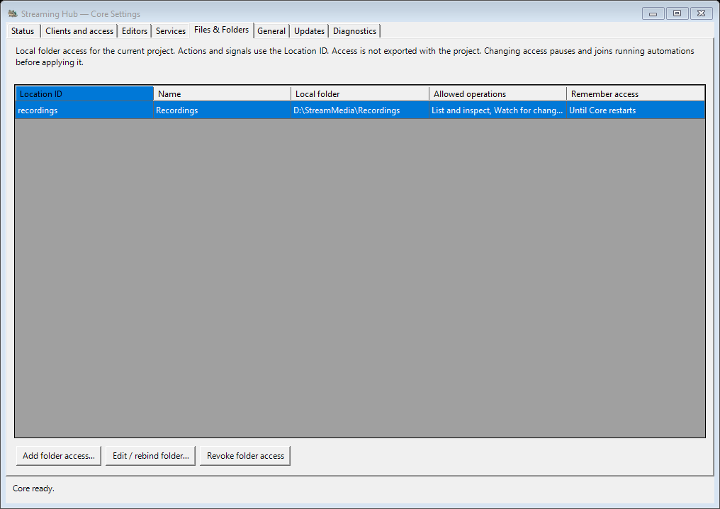 Core Settings Files and Folders showing an illustrative recordings location and access-management buttons.