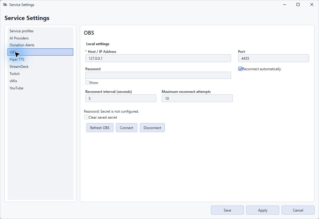 OBS connection settings with loopback host, port 4455 and no configured password.