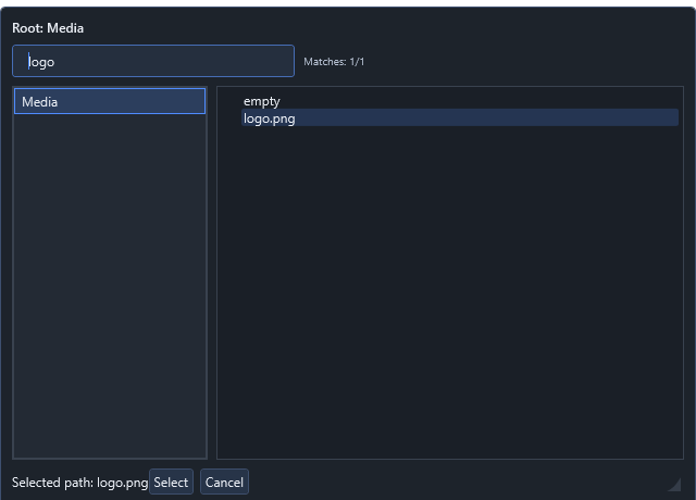 Shared path popup with an approved Media location, an empty folder and a search match for logo.png.
