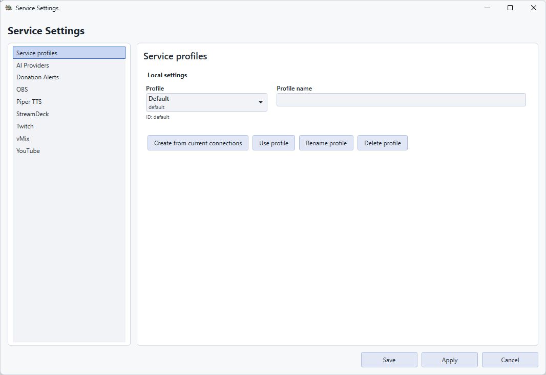Service Settings showing the local service-profile selector and profile-management commands.