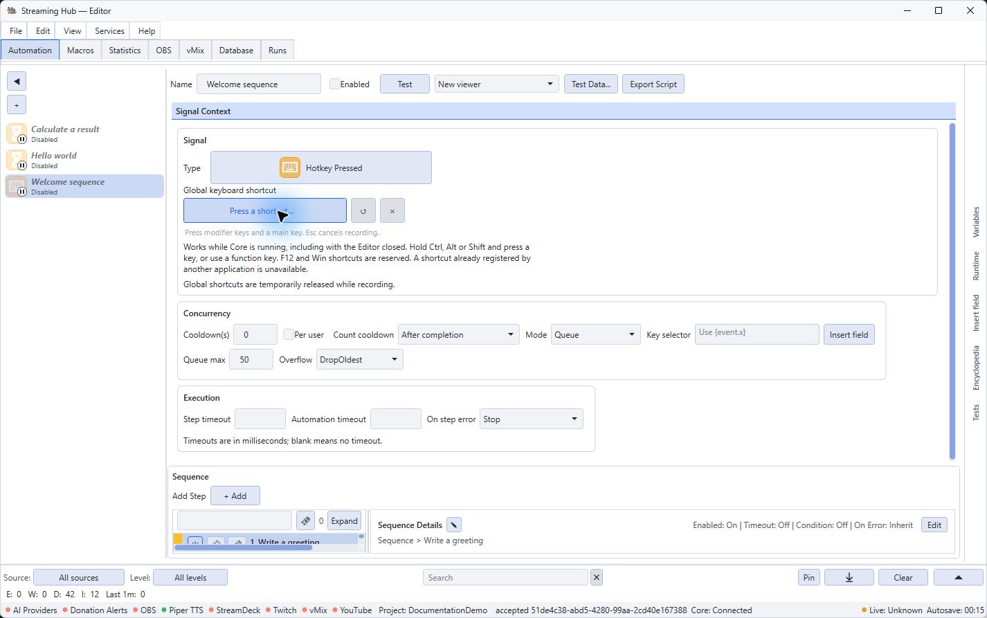 Редактор сигнала Hotkey Pressed ожидает нажатия сочетания клавиш.
