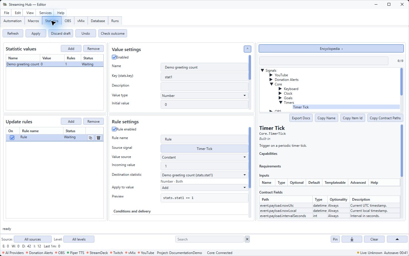 Statistics workspace showing the Demo greeting count value and an enabled Timer Tick rule that adds the constant 1.