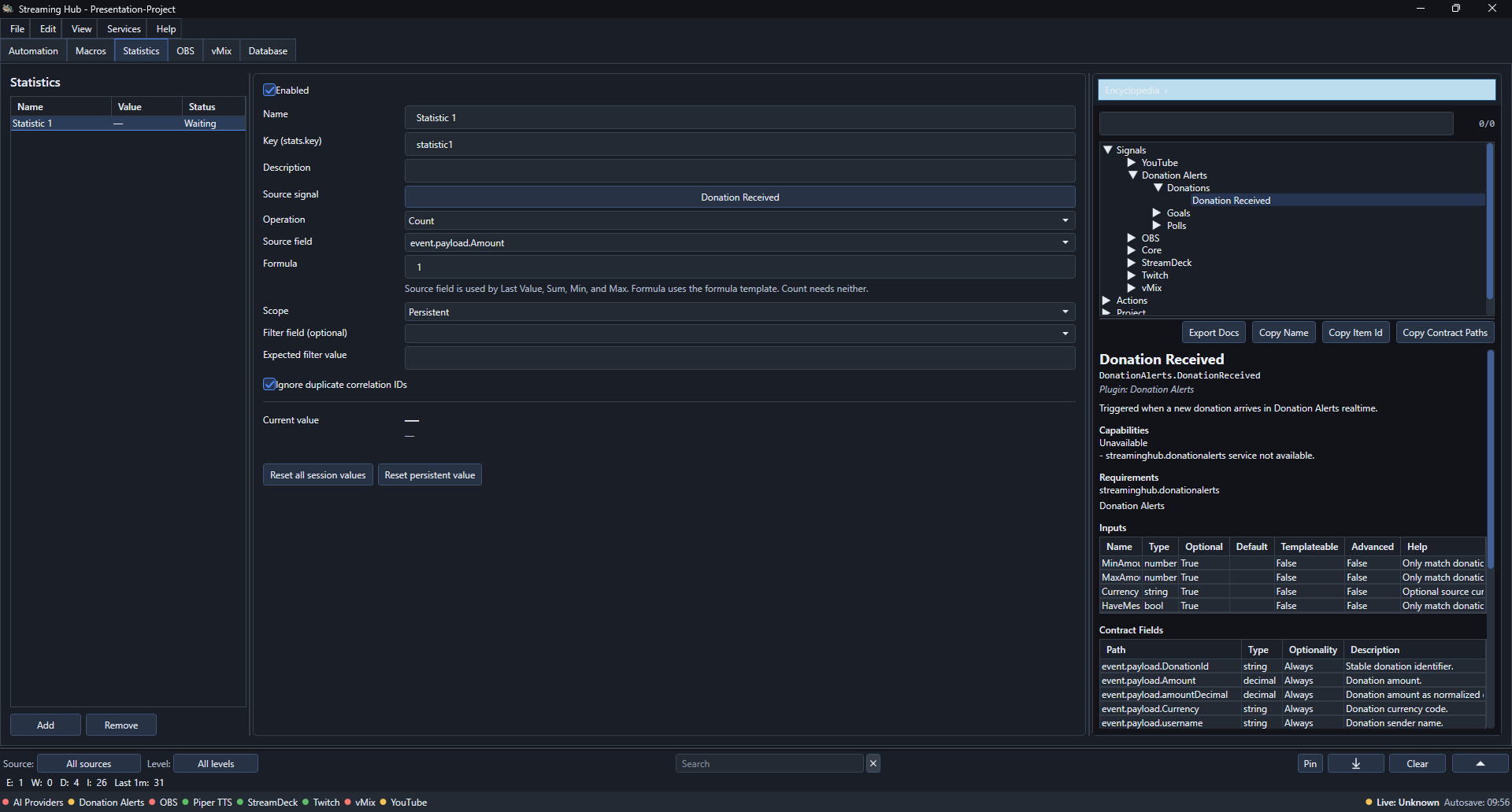 Streaming Hub Statistics workspace with a Donation Received signal selected and its Encyclopedia entry open