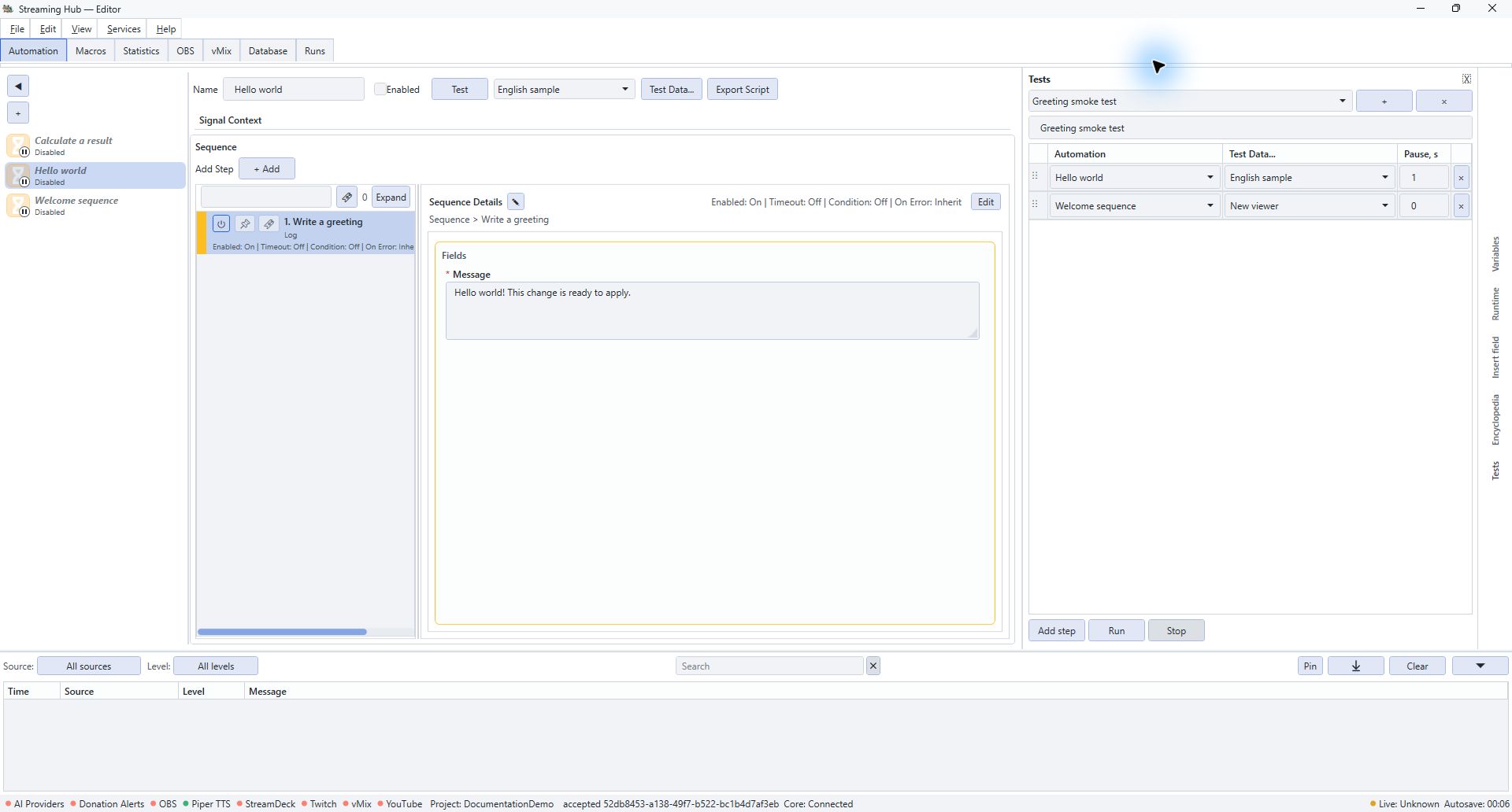 Tests side panel with two named automations, their explicit presets and a one-second pause.