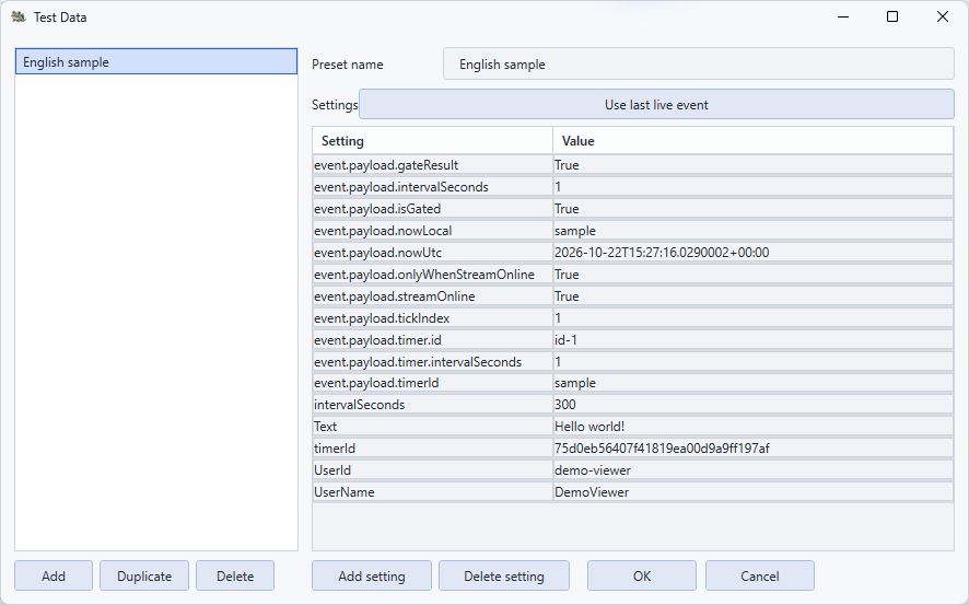 English Test Data editor with a named preset and synthetic event fields.