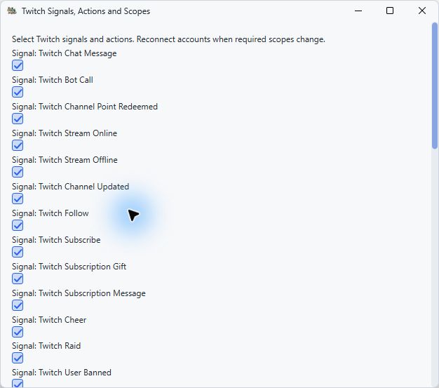 English Twitch Signals, Actions and Scopes selector listing exposed signal capabilities.