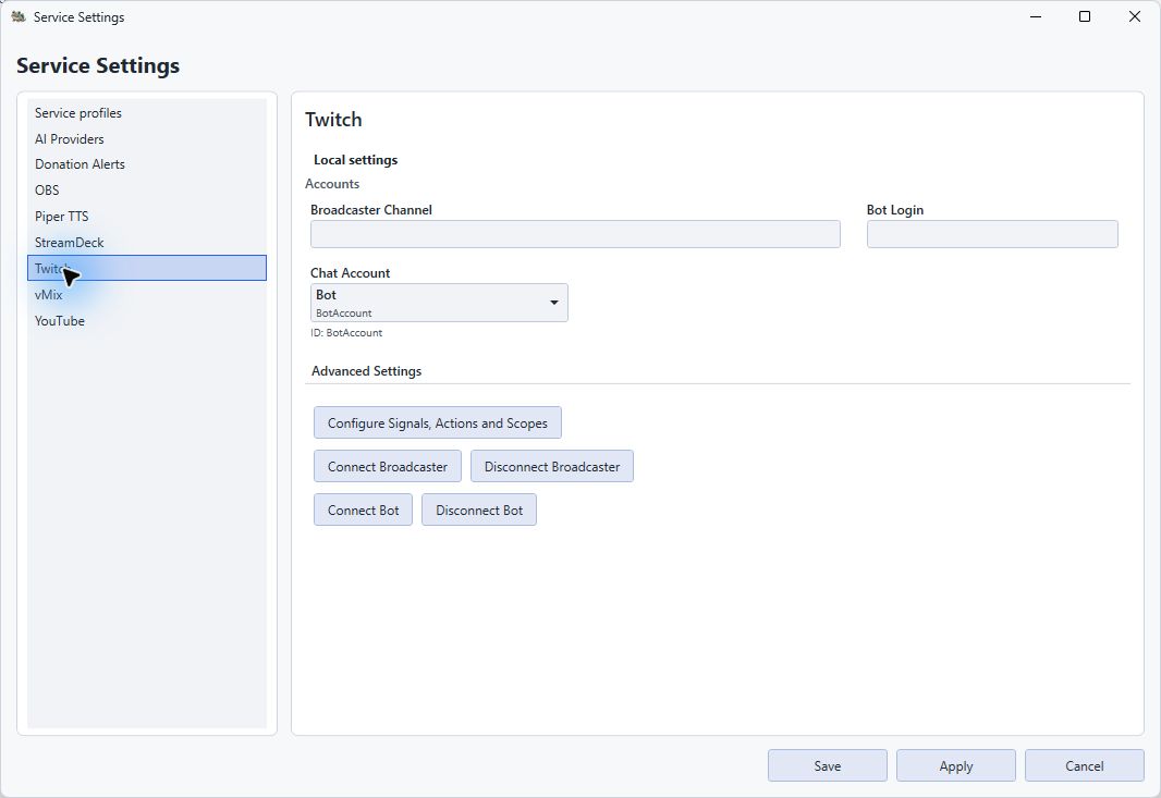 Twitch settings with separate Broadcaster and Bot fields and the selected chat-account role.