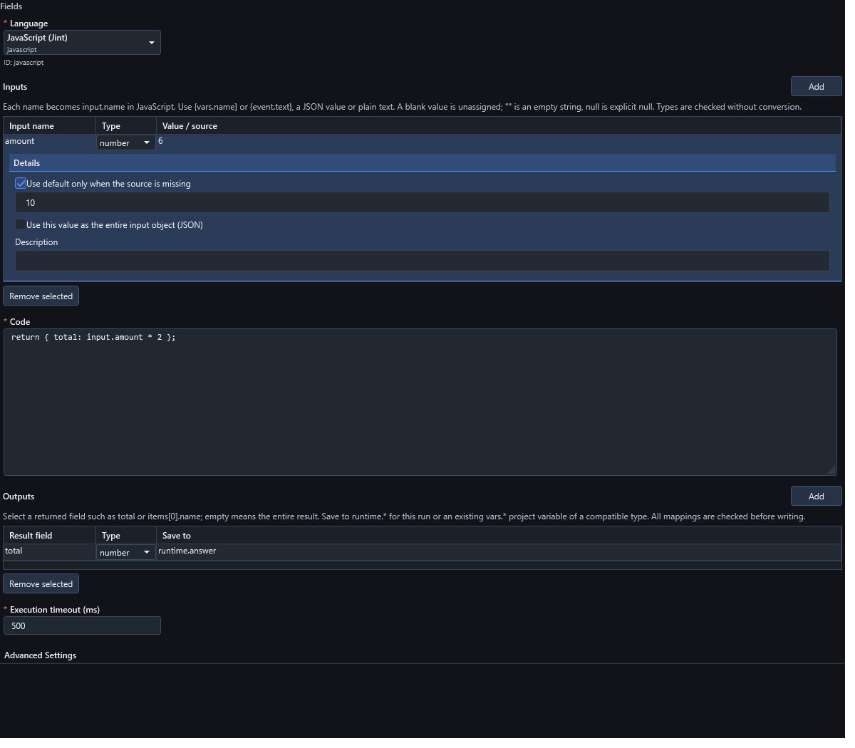 User Script editor with a typed number input, literal JavaScript and a typed output mapping to runtime.answer.