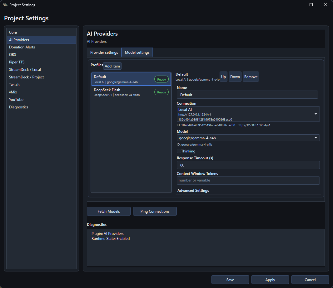 AI Providers Model settings tab showing profiles, connection and model selection, timeout and context window controls