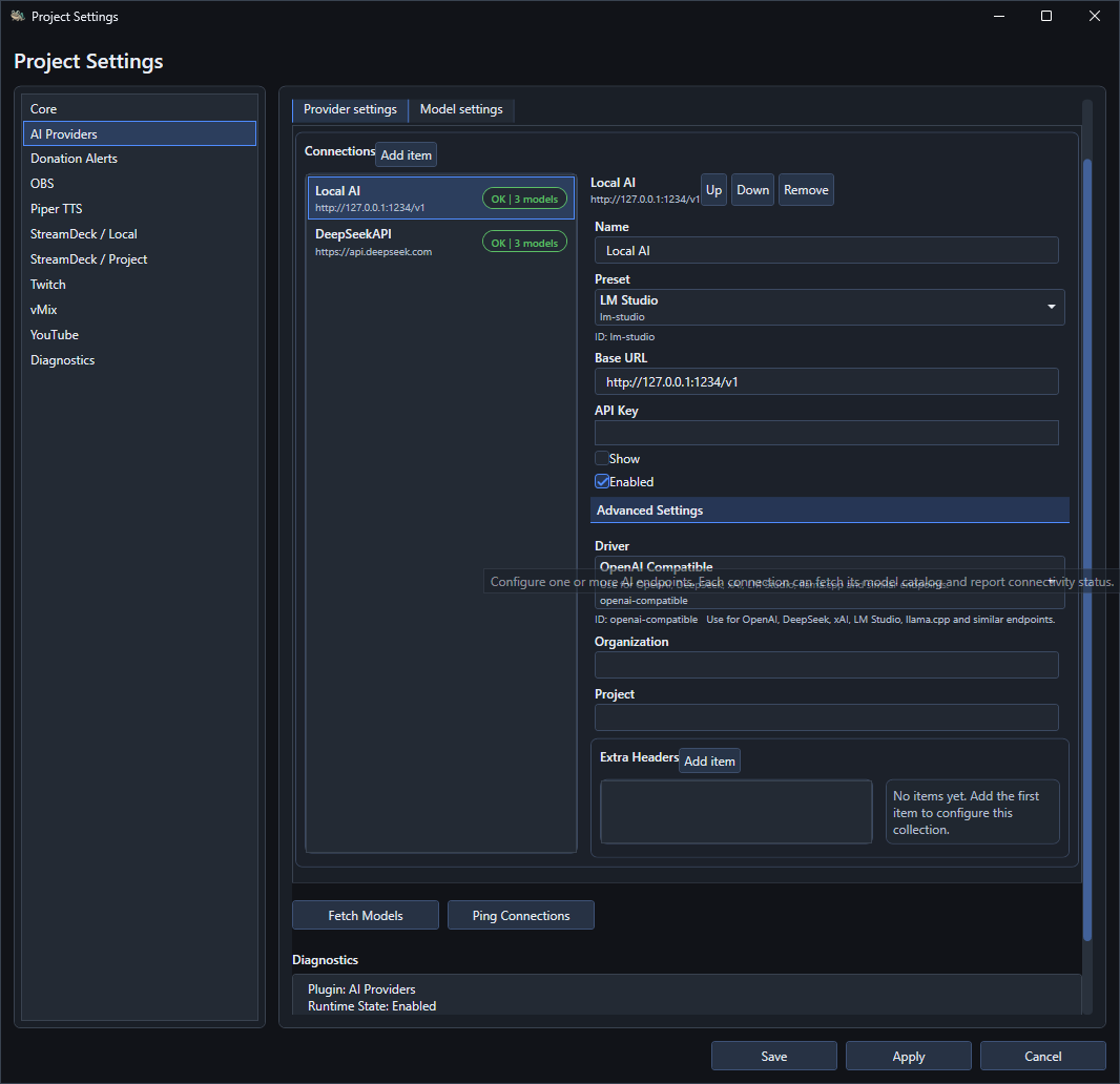 AI Providers project settings on the Provider settings tab with connections, preset, base URL and test buttons