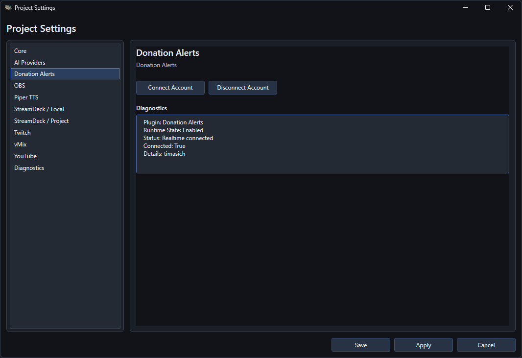 Donation Alerts project settings with Connect Account, Disconnect Account and connected diagnostics