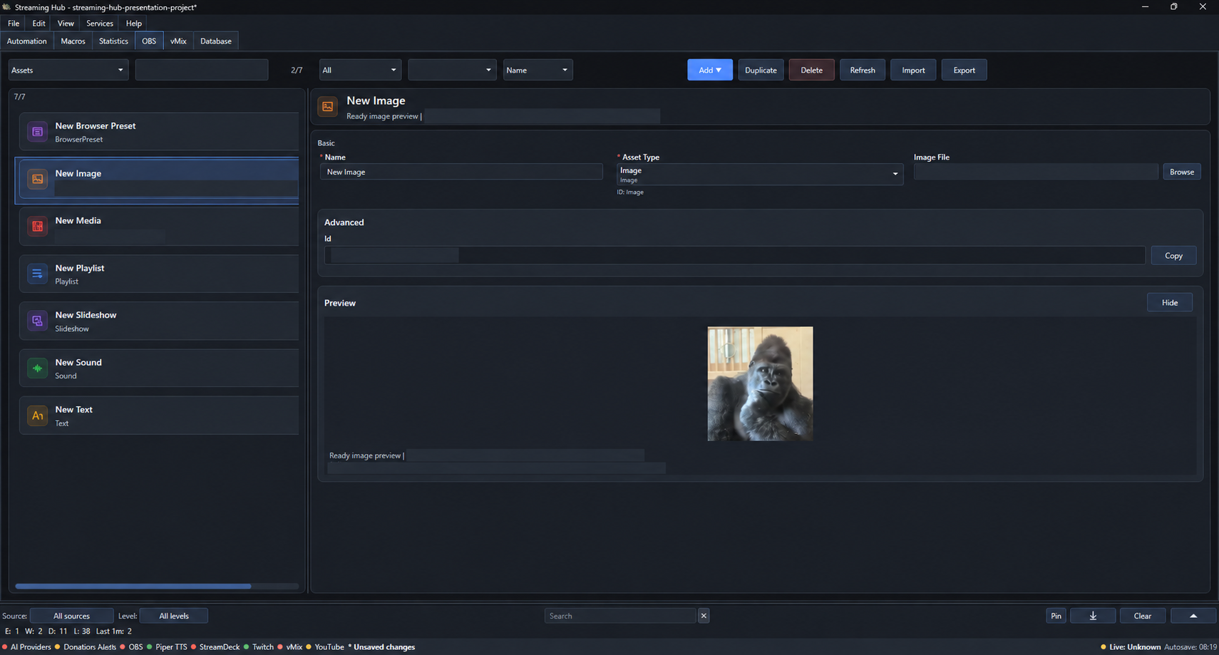 OBS workspace Assets view with a selected image asset and preview; local file paths hidden