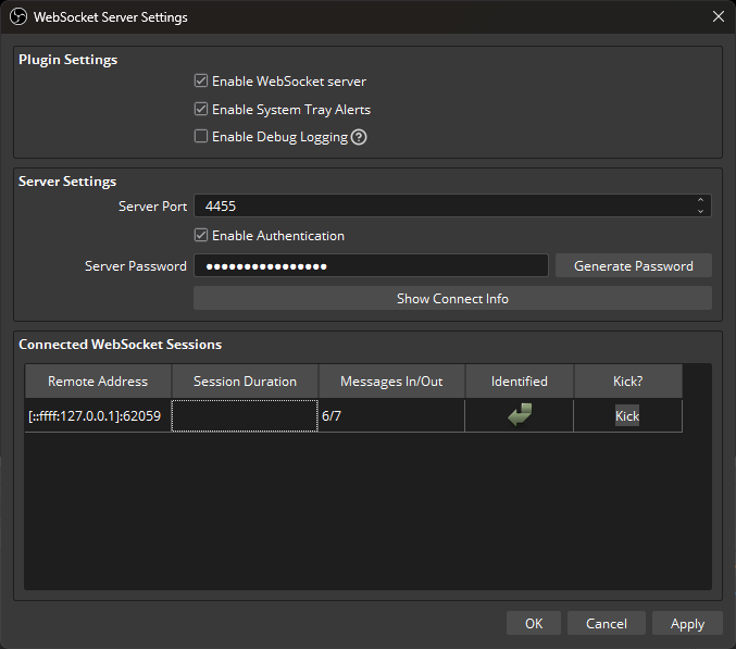 OBS WebSocket Server Settings with the server enabled, authentication enabled and Show Connect Info button