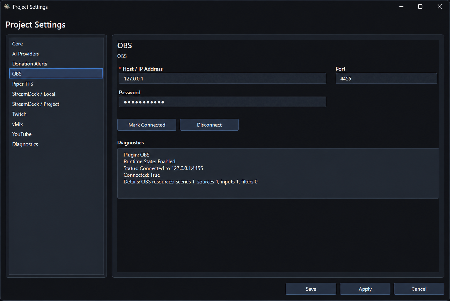 Streaming Hub OBS project settings with host, port, hidden password and connected diagnostics